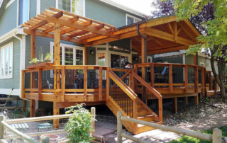 custom raised wood deck, railings, roof cover, and pergola