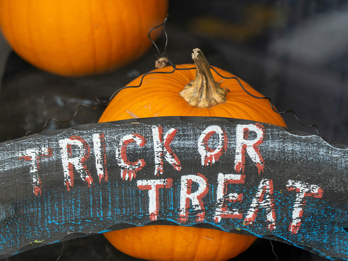 a trick or treat sign leaning against 2 pumpkins