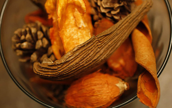 a bowl of harvest goods sitting on a table