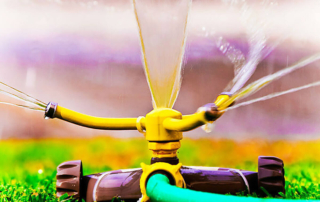 a yellow sprinkler watering the yard