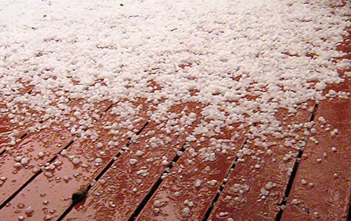 a deck covered in large hail