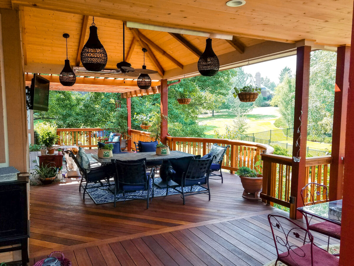 the inside of a roof covered custom wood deck