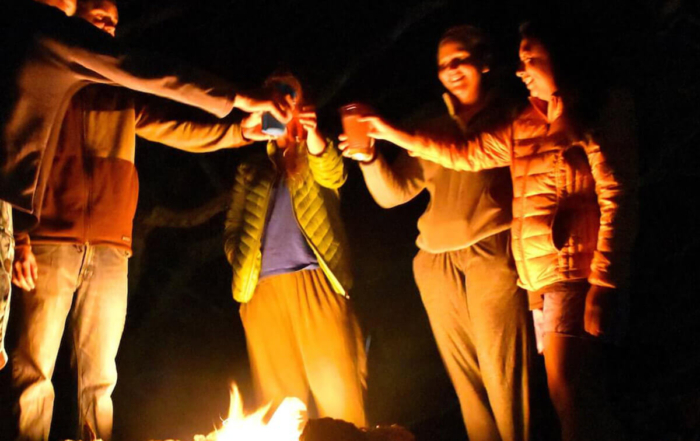 friends cheering around a campfire