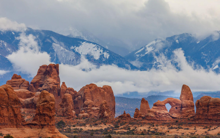 red rock formations in front of a mountainous background