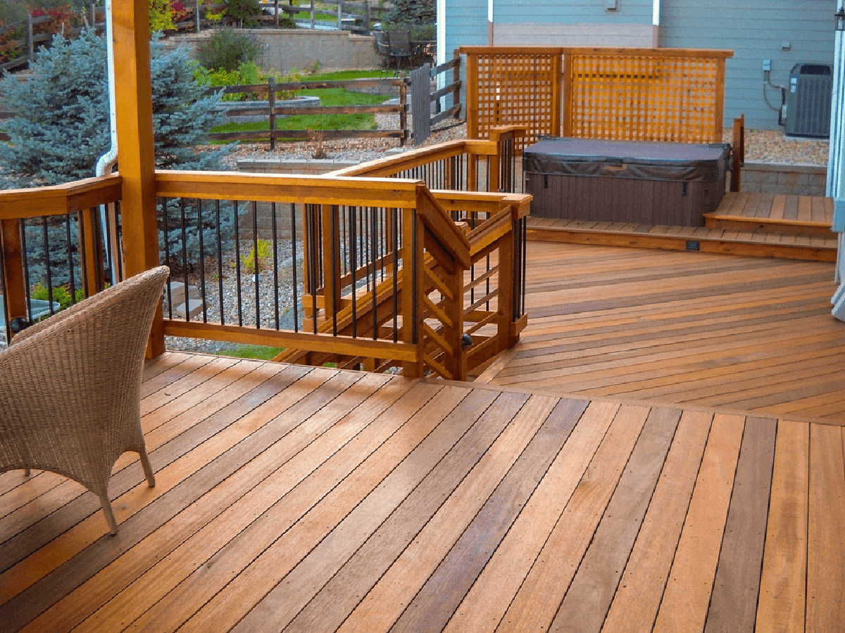 freshly stained wood deck and railing