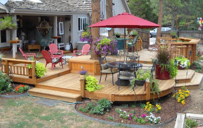 custom wood deck with beautiful gardens