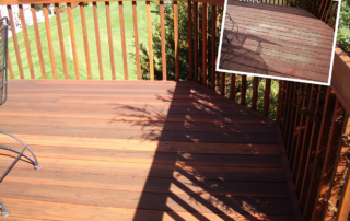 a newly refinished deck with a before picture